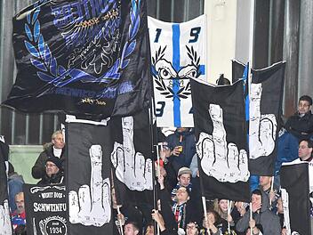 So sieht vorbildliche Unterstützung jedenfalls nicht aus. Schweinfurter Fans beim Derby im Bad Kissinger Wolfsbau. Foto: Hopf