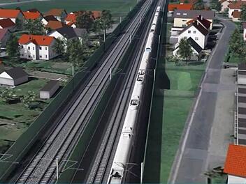 Damit der ICE - wie  in der Simulation - freie Bahn durch Altendorf bekommt, müssen rechts, wo nur noch ein Stück Grünfläche zu sehen ist, vier Wohnhäuser weichen.Illlustration: Deutsche Bahn