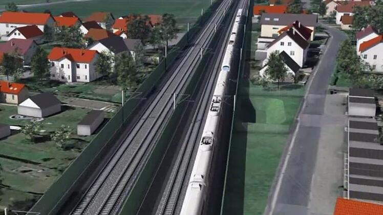Damit der ICE - wie  in der Simulation - freie Bahn durch Altendorf bekommt, müssen rechts, wo nur noch ein Stück Grünfläche zu sehen ist, vier Wohnhäuser weichen.Illlustration: Deutsche Bahn