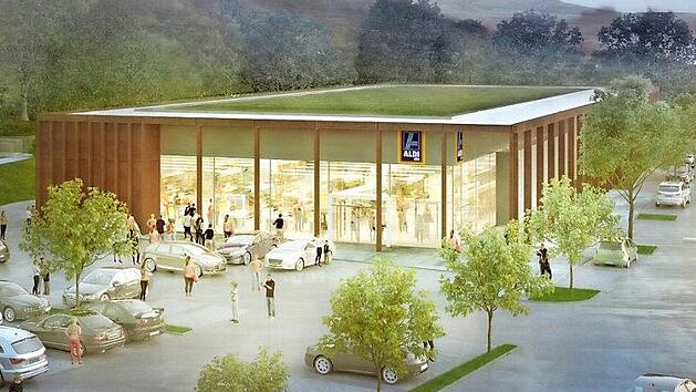 Am "Oberen Tor", wo fr&uuml;her die Tankstelle G&ouml;ller war, soll der neue Aldi-Einkaufsmarkt entstehen.   Illustration: Sontowski und Partner