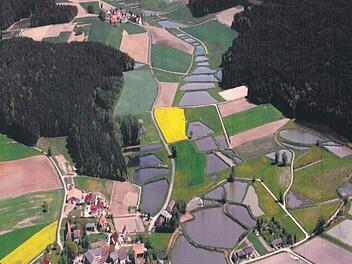 Im Waldgebiet rechts im Bild zwischen Traishöchstädt (vorne) und Arnshöchstädt (hinten) hat die Gemeinde Dachsbach den Bau von zwei Windrädern geplant. Foto: Gemeinde Dachsbach