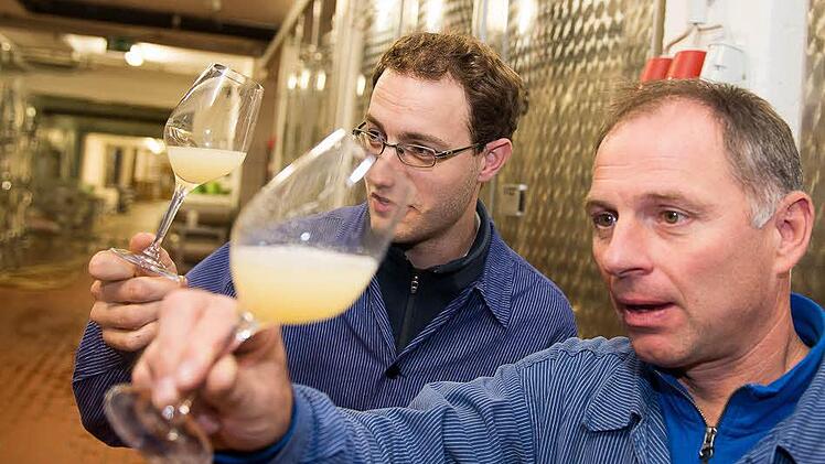 Die Kellermeister Nicolas Frauer und Helmut Klüpfel analysieren Traubensaft. Foto: Tobias Köpplinger