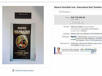 Ein gläsernes Werbeschild aus dem Jahr 1933 wird auf der Internet-Plattform Ebay für 720.000 Euro angeboten. Angeblich gibt es einen ernsthaften Interessenten. Foto: Repro BR