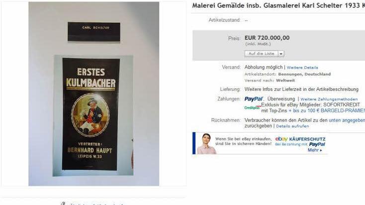 Ein gläsernes Werbeschild aus dem Jahr 1933 wird auf der Internet-Plattform Ebay für 720.000 Euro angeboten. Angeblich gibt es einen ernsthaften Interessenten. Foto: Repro BR