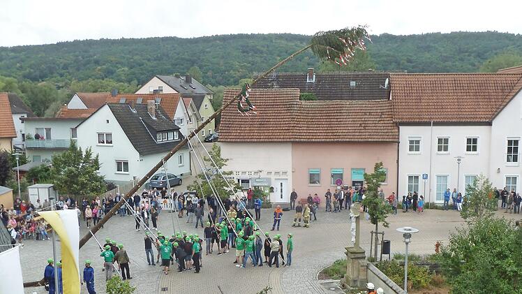 Der 25 Meter hohe Kirchweihbaum wurde mit vereinten Kräften der vielen Helfer auf dem Kirchplatz in die Senkrechte gehievt.