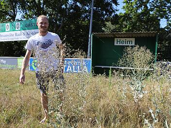 Willkommen im Dschungel des FC Wacker Bamberg. Nur die Auswechselbank und  die Anzeigetafel im Hintergrund lassen es erahnen: Hier handelt es sich tatsächlich um einen Fußballplatz. Inzwischen haben Spielleiter Alexander von Stetten und seine Mitstreiter aber die große Hoffnung: Im Juni 2021 soll hier wieder gespielt werden.Barbara Herbst