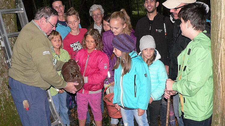 Wolfgang H&uuml;ttner (links) zeigt den Kidnern und Jugendlichen in einem Vogelkasten einen Siebenschl&auml;fer.  Foto: Christa Schr&ouml;der