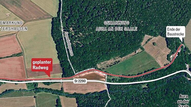 Der künftige Rad-und Fußweg von Aura nach Wittershausen (rot gekennzeichnet), der an den Radweg "Schrenk" angebunden ist, soll eine Lücke im Radwegenetz schließen. Hier ist der Teil bei Aura zu sehen.