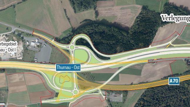 Die Autobahntrasse wird bei Thurnau-Ost  verlegt. Unten ist die alte Trasse (A 70) zu sehen, darüber die neue Trasse. Quelle: Autobahndirektion