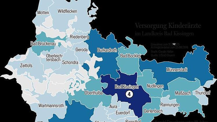 Aktuelle Bedarfssituation im Landkreis Bad Kissingen: räumliche Verteilung der Kinderärzte. Quelle: Kassenärztliche Vereinigung Bayern (2016)