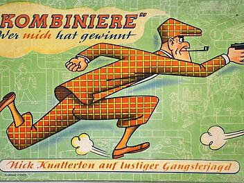 Das Deckelmotiv für das Nick-Knatterton-Brettspiel "Kombiniere Wer mich hat, gewinnt" Foto: Wilhelm Busch - Deutsches Museum für Karikatur und Zeichenkunst,
