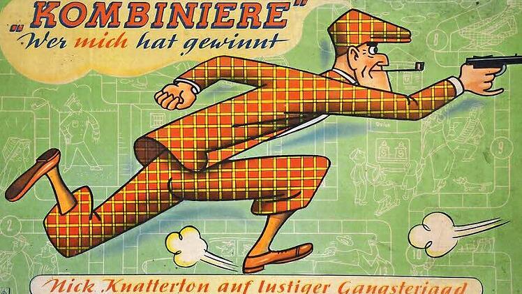 Das Deckelmotiv für das Nick-Knatterton-Brettspiel "Kombiniere Wer mich hat, gewinnt" Foto: Wilhelm Busch - Deutsches Museum für Karikatur und Zeichenkunst,