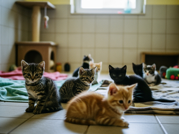 Eine Gruppe kleiner Katzen (Kätzchen) in einem Tierheim