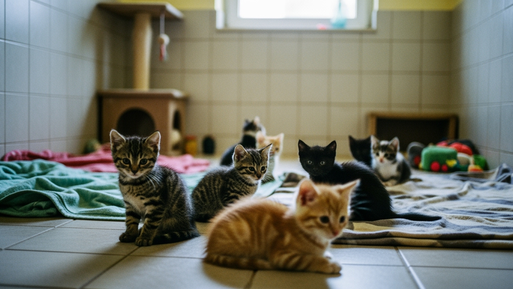Eine Gruppe kleiner Katzen (Kätzchen) in einem Tierheim