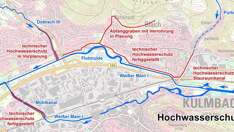 Auf diesem Plan sieht man, welche Bauabschnitte in Sachen Hochwasserschutz schon umgesetzt wurden, und welche Arbeiten noch anstehen. Grafik: Wasserwirtschaftsamt Hof