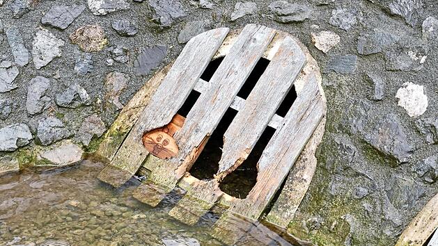 Das Holzgitter an der Kneippanlage von Zedernitz wurde vom Biber angenagt. Die Kneippenputzer nahmen es mit Humor, nagelten ein Brett dahinter und malten ein Bibergesicht darauf.