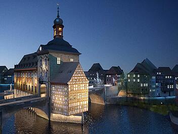So könnte das Alte Rathaus in Zukunft nachts erstrahlen: Der Turm, die Brückenbogen, die Figuren sollen mehr zur Geltung kommen. Allerdings sieht der Bau- und Werksenat der Stadt Bamberg momentan nur für die Untere Brücke höchsten Handlungsbedarf.  Grafik: Stadtplanungsamt/Licht|Raum|Stadt|Planung GmbH