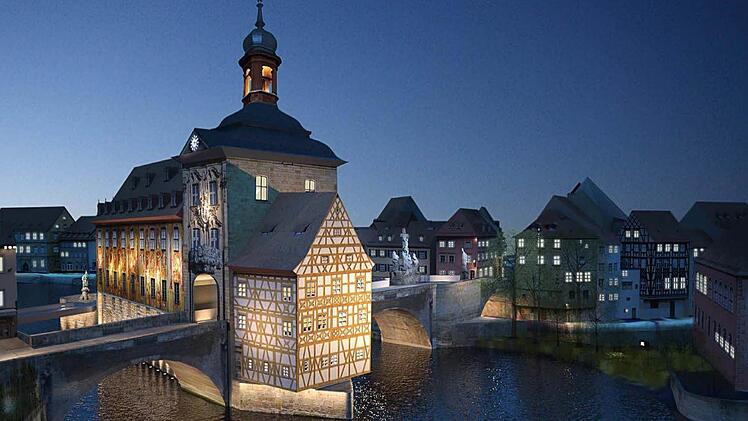 So könnte das Alte Rathaus in Zukunft nachts erstrahlen: Der Turm, die Brückenbogen, die Figuren sollen mehr zur Geltung kommen. Allerdings sieht der Bau- und Werksenat der Stadt Bamberg momentan nur für die Untere Brücke höchsten Handlungsbedarf.  Grafik: Stadtplanungsamt/Licht|Raum|Stadt|Planung GmbH
