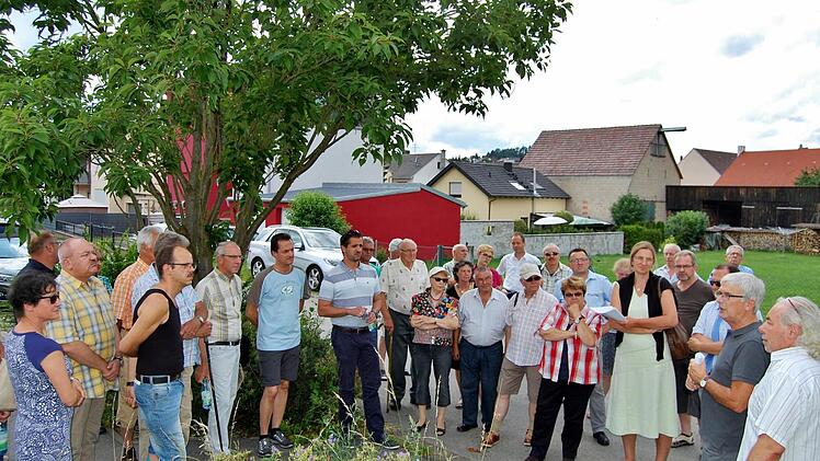 Stadtrat Günther Götz (rechts) und Leonhard Valier (Zweiter von rechts) vom Bamberger Stadtplanungsbüro Wittmann, Valier & Partner erkundeten mit Reiterswiesener Einwohnern verbesserungswürdige Punkte im Ort. Foto: Sigismund von Dobschütz