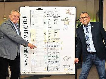 Die beiden Bevollmächtigten der IG Metall Ostoberfranken, Volker Seidel (rechts) und Wolfgang Kormann, zeigen, dass die Zahl der Neuaufnahmen mit 468 dem internen Plansoll entspricht.  Foto: Stephan Herbert Fuchs