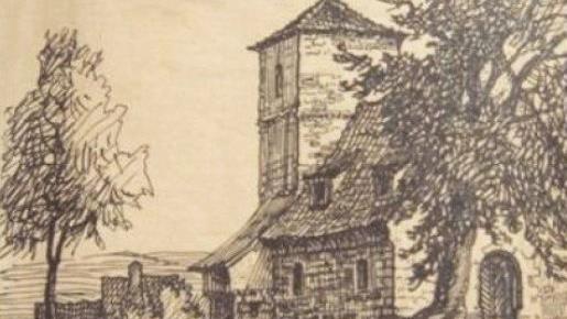 Kirchenburg St. Vitus in Gerach um das Jahr 1915. Der Kirchturm wurde einst als Wachturm errichtet und hat Schießscharten. Der Name deutet auf die königliche Richtstätte hin. Erst später wurde der Bau sakral.  Zeichnung: Max Schnö