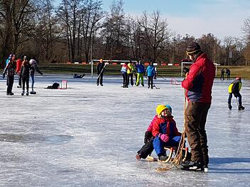 Auf der Eiswiese in Ebern war am Sonntag eine Menge los.  Kufenflitzer  jagten dem Puck nach. Andere ließen sich lieber auf dem Schlitten  ziehen. Eckehard Kiesewetter