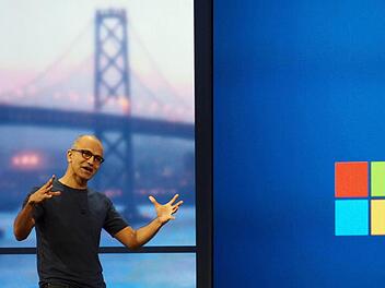 Microsoft-Chef Satya Nadella auf der Entwicklerkonferenz in San Francisco. Foto: Daniel Schnettler/dpa