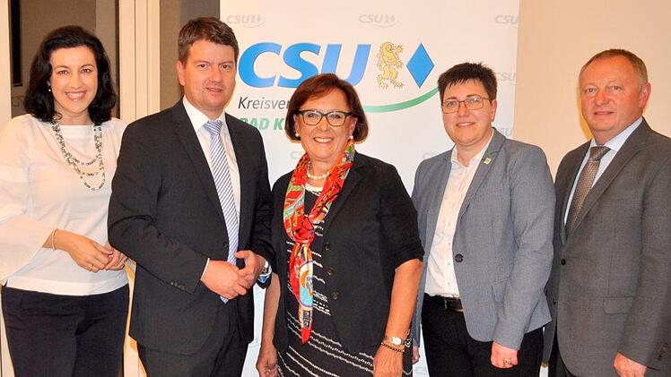 Mit jeweils überwältigenden Vertrauensbeweisen wurden MdL Sandro Kirchner (2.v.l.), zum CSU-Landtagskandidaten und Bezirksrätin Karin Renner (3.v.l.) zur Bezirkstagskandidatin im Stimmkreis Bad Kissingen nominiert. Es gratulierten die Parlamentarische Staatssekretärin Dorothee Bär, MdB (links), Birgit Erb, die CSU-Kreisvorsítzende von Rhön-Grabfeld (2.v.r) und Landrat Thomas Bold (r).   Arthur Stollberger