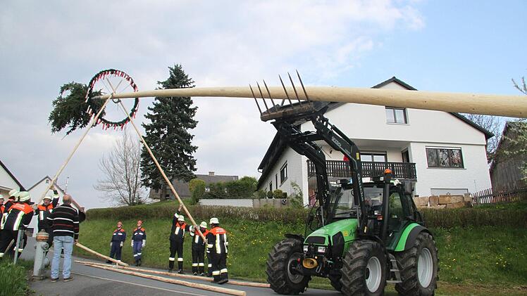 Der Katschenreuther Maibaum ist heuer 28,5 Meter lang und sorgte beim Aufstellen für so manches Bangen. Denn in diesem Jahr ist der Baumstamm dünner ausgefallen, dafür war er vier Meter länger. Beim Aufstellen bog sich der Stamm heftig durch. Fotos: Sonny Adam