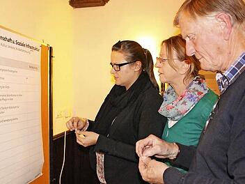 Mirjam Fuchs, Eveline Zeis und Thomas Blum (von links) setzen ihre Schwerpunkte, indem sie farbige Aufkleber anbringen. Fotos: Matthias Einwag