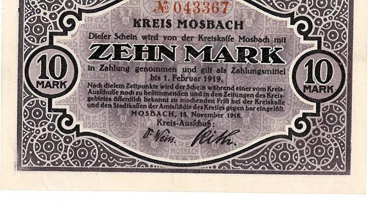 Notgeld in Höhe von zehn Mark aus dem Kreis Mosbach fand sich am vergangenen Wochen im Klingelbeutel in Buckenhofen Foto: pr