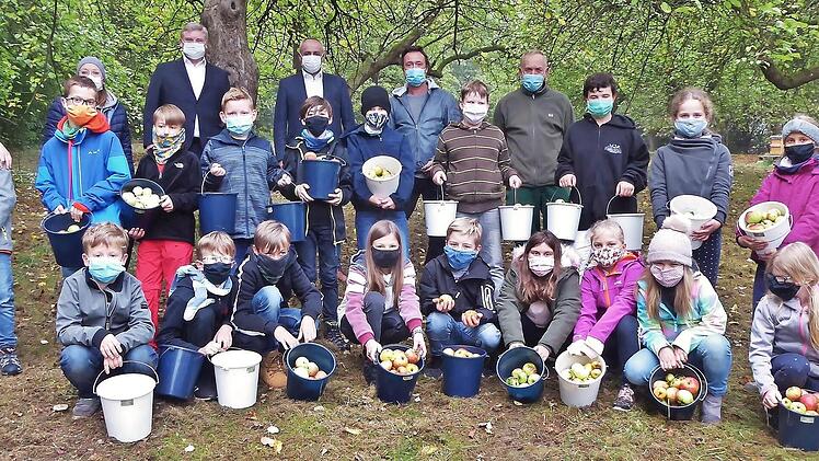 Auf der Streuobstwiese hinter der Grundschule sammelten Mädchen und Jungs der Klasse 4 a Äpfel auf. Obst, aus dem leckerer Saft werden soll. Über den Eifer der Kinder freuen sich (von links) Bankvorstand Thomas Siebenaller, Bürgermeister Robert Hümmer, Rektor Stefan Kern und Hausmeister Lorenz Nastvogel. Foto: Bernd Kleinert