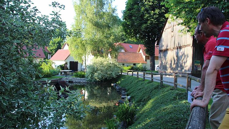 Idylle pur: die beiden Bürgermeister Roland Wolfrum und Eugen Hain am Vogtendorfer Dorfweiher. Foto: Matthias Beetz