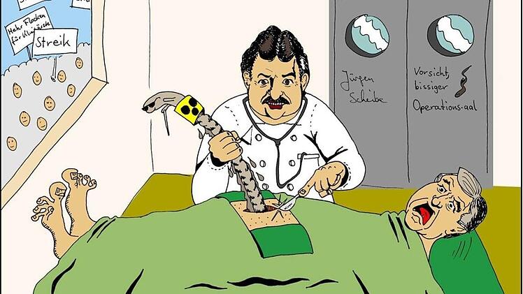 Während  die Ärzte für ihre berechtigten Forderungen auf die Straße gehen, greift die Klinikleitung für einfach Blinddarmoperationen auch schon mal auf ungelerntes Personal zurück. Karikatur: Jürgen Scheibe