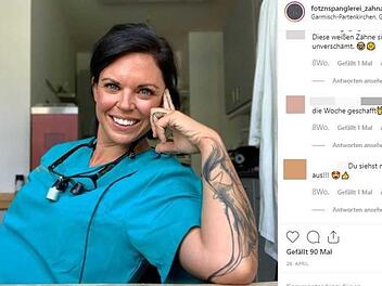 Petra Volz betreibt eine Zahnarztpraxis in Garmisch-Partenkirchen mit dem Namen "Fotznspanglerei". Screenshot: Instagram/fotznspanglerei_zahnarzt