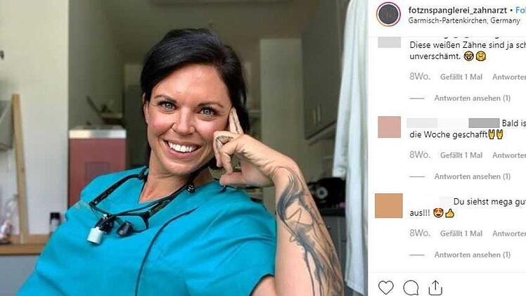 Petra Volz betreibt eine Zahnarztpraxis in Garmisch-Partenkirchen mit dem Namen "Fotznspanglerei". Screenshot: Instagram/fotznspanglerei_zahnarzt