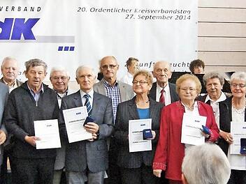Gruppenbild mit Damen: die geehrten ehrenamtlichen VdK-Mitarbeiterinnen und Mitarbeiter mit ihren Urkunden. Foto: p