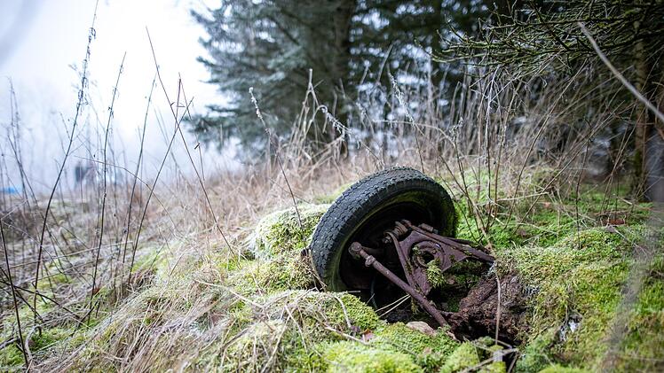 Ein kompletter Fahrzeugunterbau liegt am Waldrand. Foto:  Marion Eckert