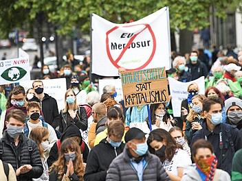 Demonstranten von Fridays for Future in Frankfurt kritisieren das geplante Abkommen. Foto: Arne Dedert, dpa