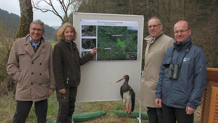 Reinhardt Neft, Cordula Kelle-Dingel, Claus Kumutat und Norbert Schäffer (von links) vor der Tafel, die die Verbreitung des Schwarzstorchs zeigt  Foto: Friedwald Schedel