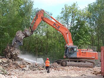 Mit schwerem Gerät beseitigt eine Abbruchfirma die Gebäude des ehemaligen Annawerks im "Alextal". Fotos: Rainer Lutz