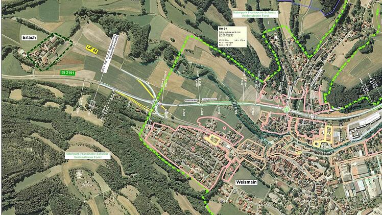Das Luftbild zeigt den Verlauf der Straße von der Ausfahrt Kaspauer (links im Bild), wo ein Kreisel geschaffen werden soll, über die Giechkröttendorfer Straße, wo eine Kreuzung errichtet wird, bis hin zum geplanten Kreisel bei der Michael-Dechant-Straße. Foto: Staatliches Bauamt Bamberg.