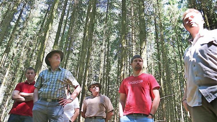 Mehr Licht im Holzbestand gibt der natürlichen Verjüngung des Walds eine gute Chance. Der Gemeinderat von Wartmannsroth machte sich ein Bild von der Situation und den geplanten Maßnahmen. Vor allem die neuen Räte hatten dazu Fragen. Foto: Gerd Schaar