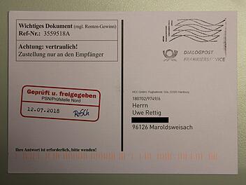 So eine Betrugs-Postkarte landete kürzlich in einem Briefkasten im Landkreis Haßberge.Andreas Lösch