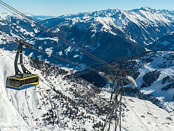 End station of an overhead cable car (160er Tux) with a panorama of European Alps in the background, Mayrhofen, Zillertal valley, Austria