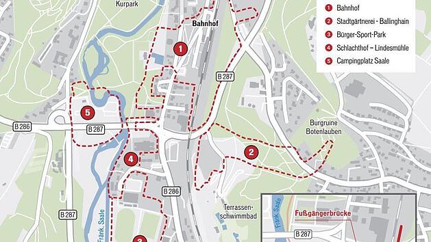Auch der Campingplatz ist Teil der Planung: Hier soll ein Fu&szlig;weg an der  Saale lang zum Kurpark f&uuml;hren.