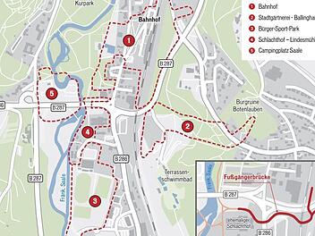 Auch der Campingplatz ist Teil der Planung: Hier soll ein Fußweg an der  Saale lang zum Kurpark führen.
