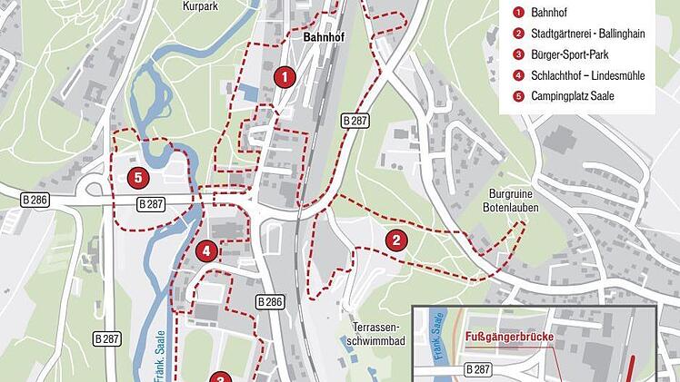 Auch der Campingplatz ist Teil der Planung: Hier soll ein Fußweg an der  Saale lang zum Kurpark führen.