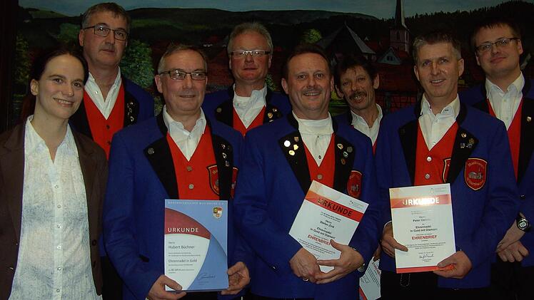 Für ihre Verdienste in ihrer 40-jährigen aktiven Musikerzeit wurden (von links) Udo Öhrlein, Hubert Büchner, Gerhard Sell, Stefan Zink, Jürgen Hack, Peter Öhrlein mit der Ehrennadel in Gold mit Diamant ausgezeichnet. Ganz links: Birgit Döhler, Vertreterin des Nordbayerischen Musikbundes. Es gratulierte Vorsitzender Christian Sell.