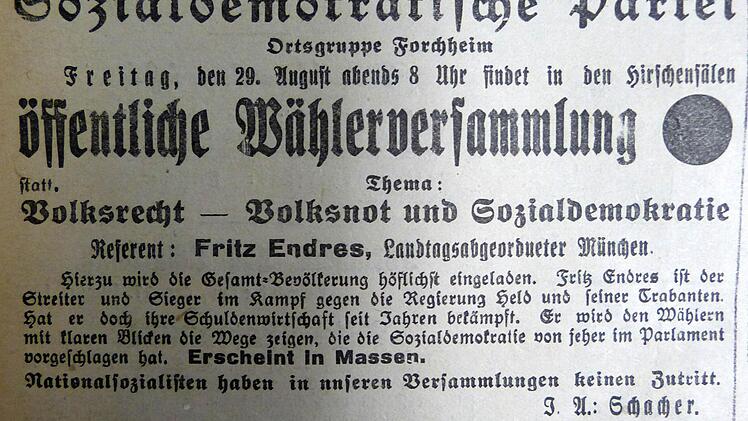 Am 27. September 1930 kündigte die SPD im Forchheimer Tagblatt eine Veranstaltung an.Repro: Franze